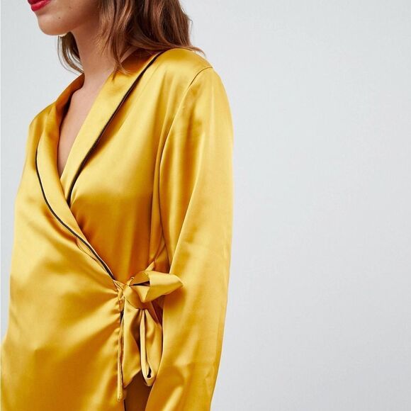 ASOS DESIGN satin wrap top with piping detail and long sleeves 8 - Picture 11 of 11